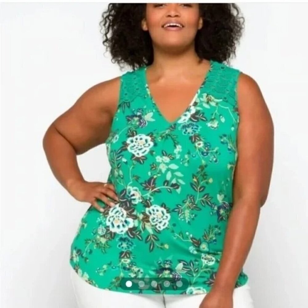 Daniel Rainn Sleeveless Green Crochet Lace Floral Print Cutout Top Tunic Size 3X